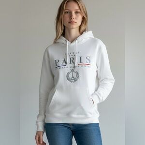Paris Glam Paris France Embroidered Hoodie Ecru Pullover Size L NWT